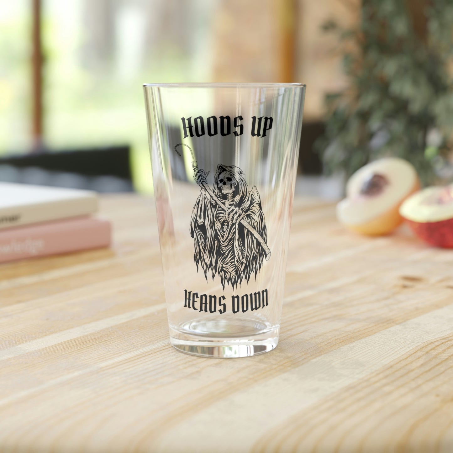 Hoods Up Heads Down Pint Glass, 16oz